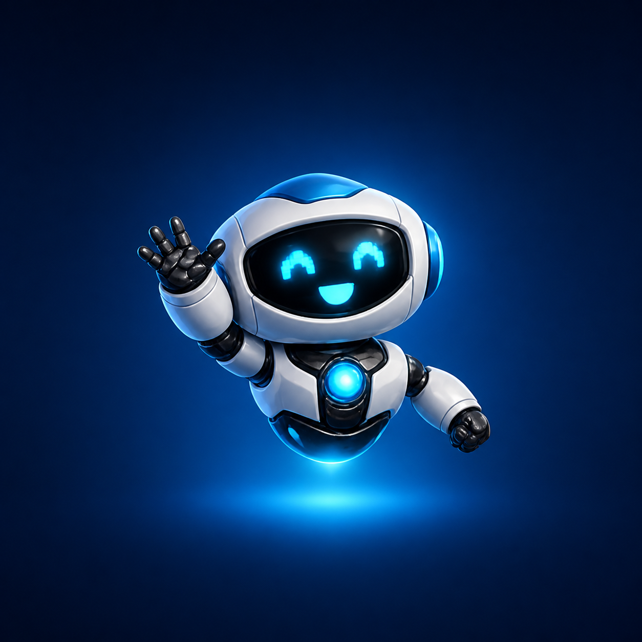 DEX, the friendly GeekoDex technology companion, hovering and greeting visitors